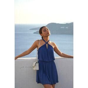 Ramy Brook Navy Halter Resort Dress | Pleated Grecian Mini | Wedding Guest | EUC